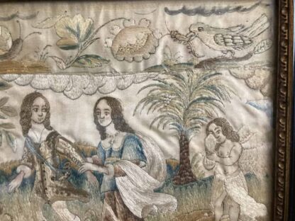 Silk Antique Embroidery - Couple Walking with Dog and Cupid - Image 3