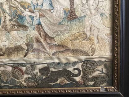 Silk Antique Embroidery - Couple Walking with Dog and Cupid - Image 4