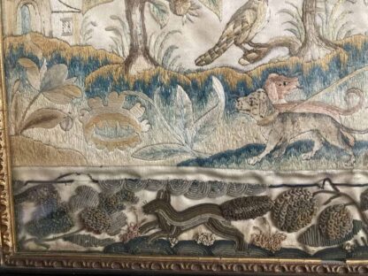Silk Antique Embroidery - Couple Walking with Dog and Cupid - Image 5