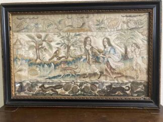 Silk Antique Embroidery - Couple Walking with Dog and Cupid