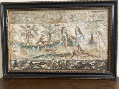 Silk Antique Embroidery - Couple Walking with Dog and Cupid
